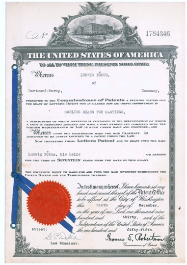 patent certificates from the United States of America